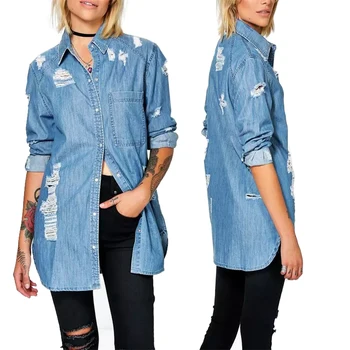 Causal Blue Oversize Distressed Denim Long Shirts Women Cotton Long Sleeves Button Up Ripped Blouse Shirts Lady Tops