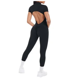 2026 Women's Sports Jumpsuit Yoga Bodysuit Hollow Back Seamless Design Spandex/Nylon Short Sleeve Half-Zip