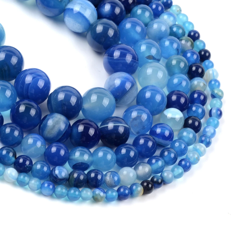Natural Gemstone Round Blue Banded Agate Loose Onyx Beads Jewelry Making 15" DIY 
