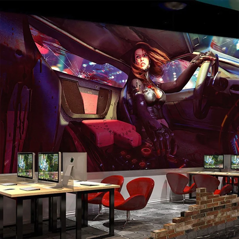 Modern 3D Cyberpunk Electronic Game Dynamic Background Wallpaper Waterproof and Moisture-Proof with Botanical Pattern