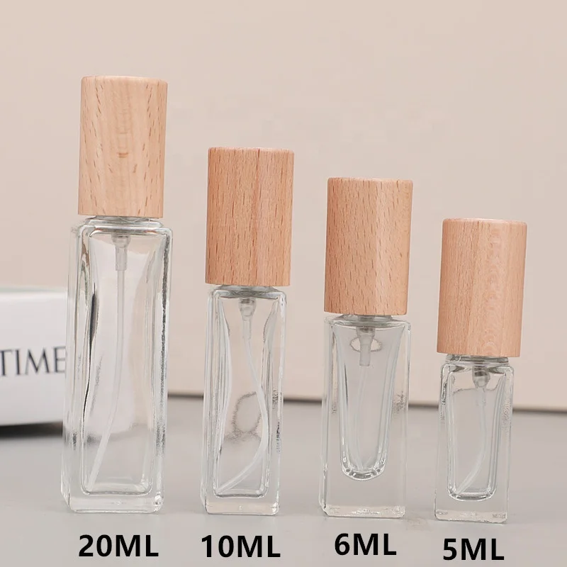 Fancy Crystal 5 ml 6 ml 10 ml Refillable Atomiser square Wooden Cap Perfume Bottles Spray Wood Cap