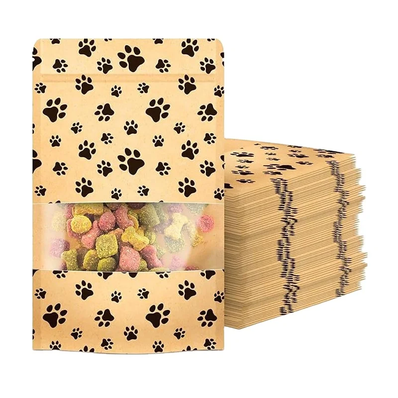 High quality custom biodegradable kraft paper bags eco friendly smell proof resealable freeze dried dog treats stand up pouch