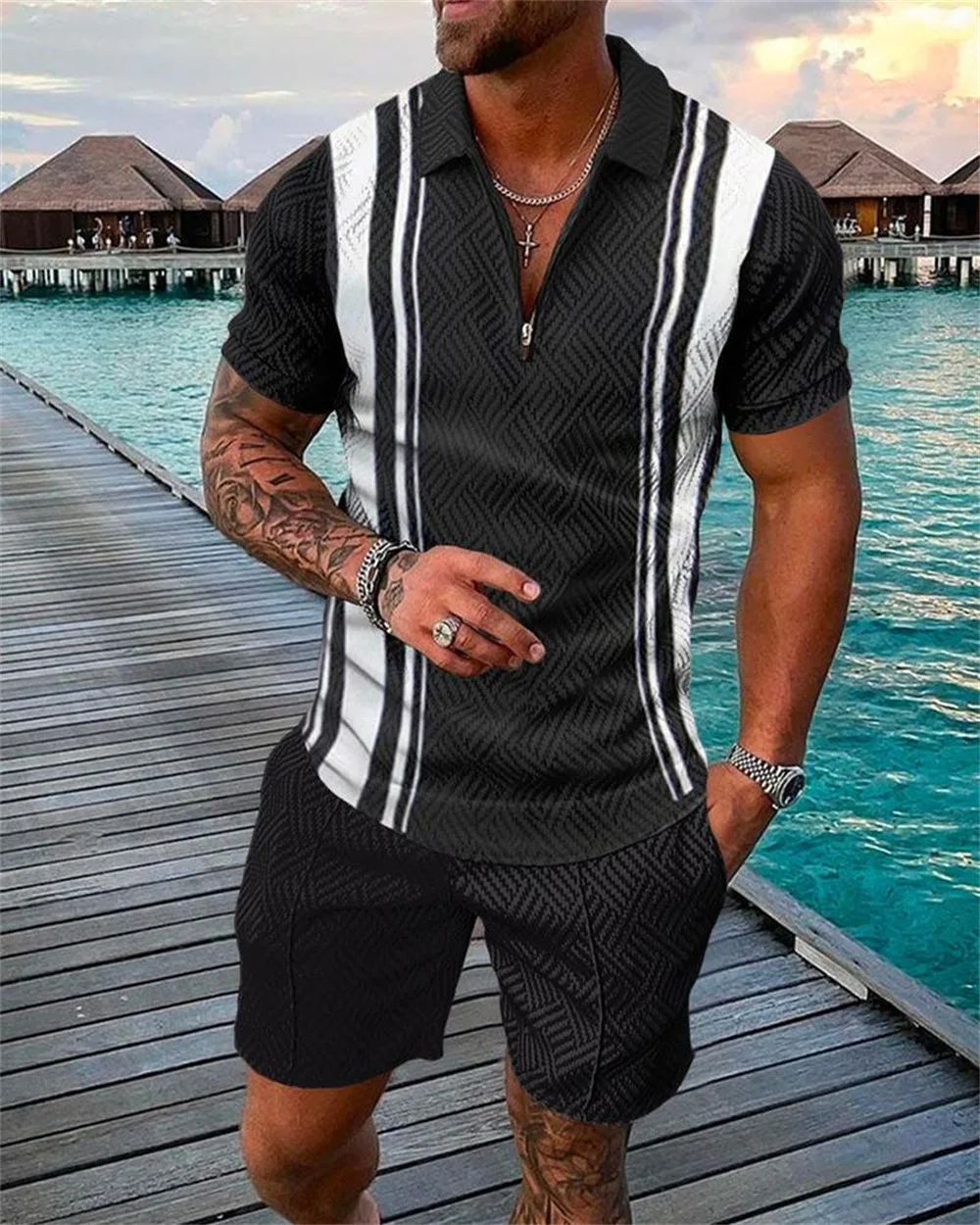 Foreign Trade New Men's Leisure Printing Lapel With Leisure Shorts Set ...