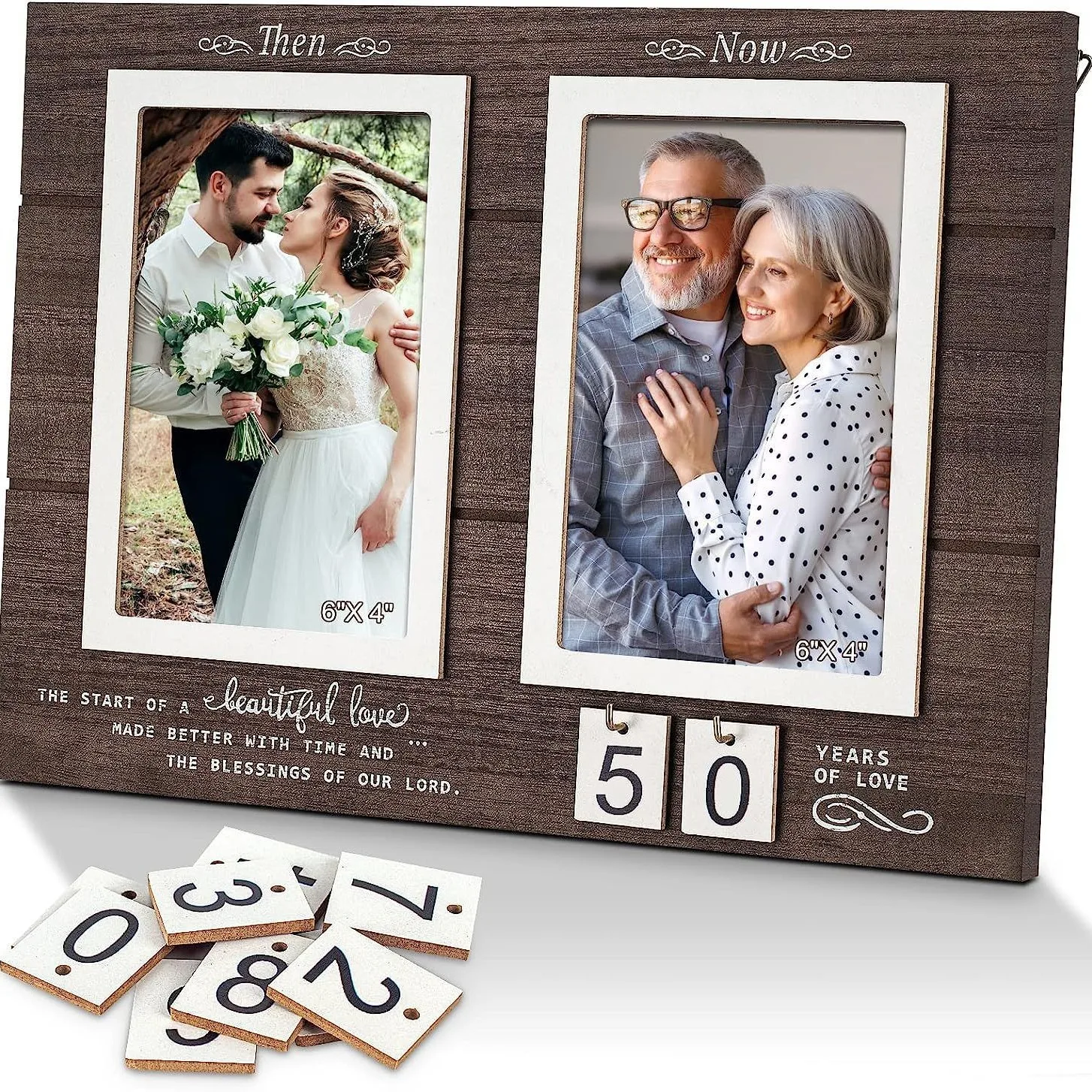 Then & Now Anniversary Picture Frame Custom 1-99 Years Wedding Gift Ideas - Anniversary Wood Photo Frame Tabletop Home Decor