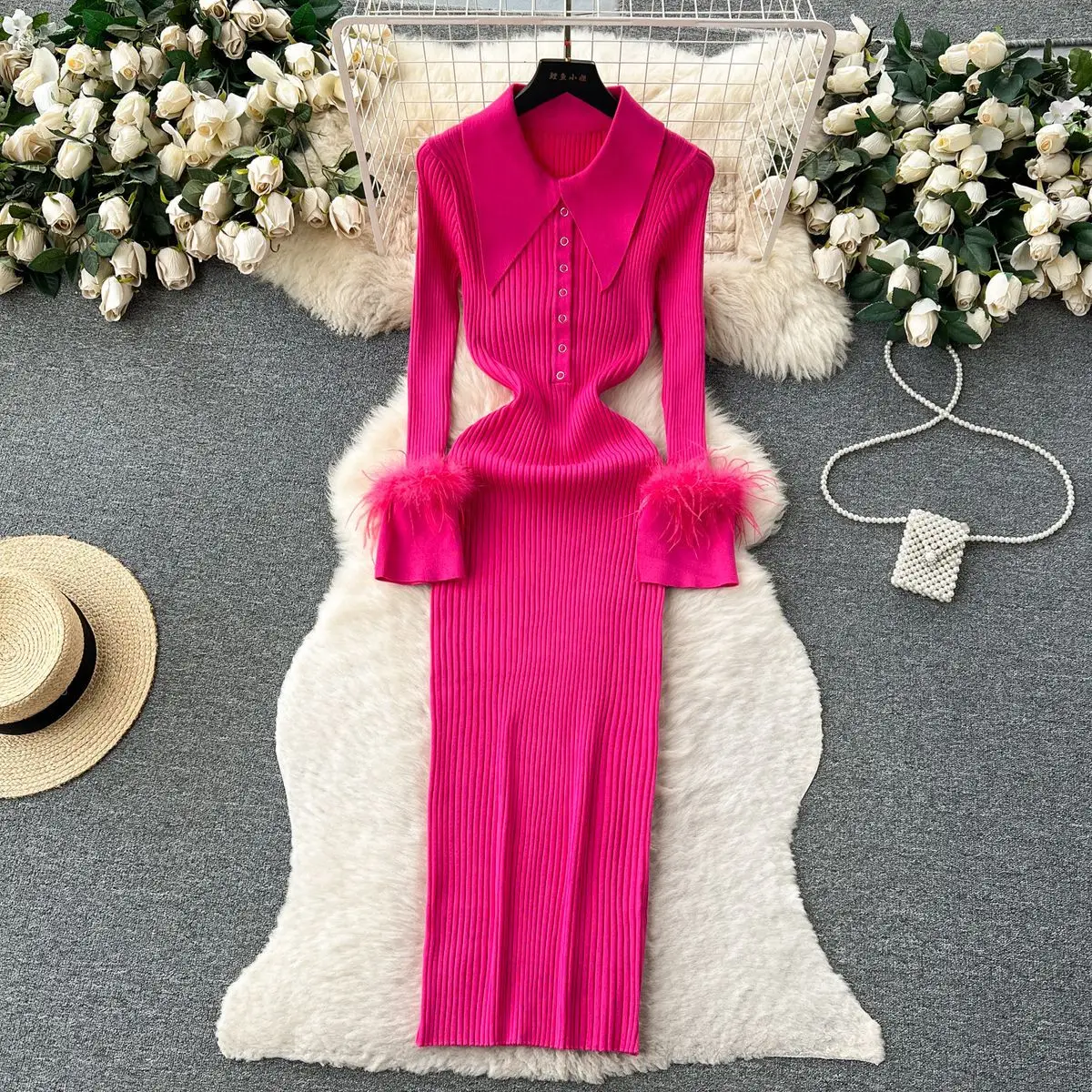 Autumn Winter 2023 Elegant Fur Long Sleeve Knitted Sweater Dress Autumn Winter 2023 Elegant Fur Long Sleeve Knitted Sweater Dress