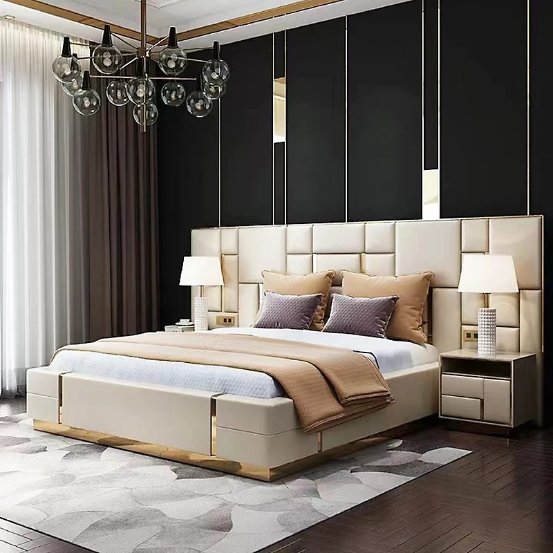 Luxury Italian Bedroom Queen King Size Bed Leather Metal Beds Set