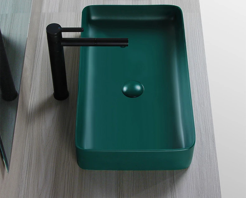 Rectangular Countertop Sink Matt Army Green Color Ceramic Vessel Thin Hand Wash Art Basin