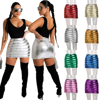 9 Color Y2k Fashion Shiny Silver Puffer Skirt Mini Metallic Puffer Skirt Club Pleated Short Bubble Skirt