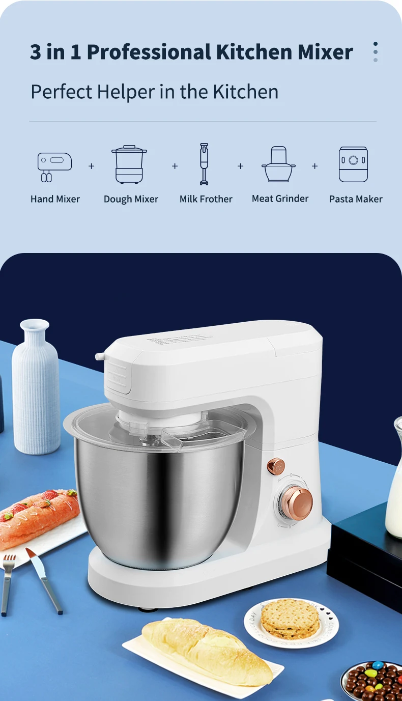 Powerful 3 In 1 Stand Mixer 1200w With Variable Speed Control And 5l