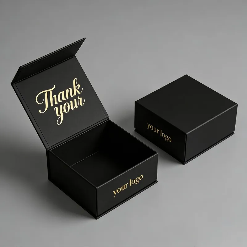 Svart retrologotyp med varmprägling, lyxig magnetlåda i papper, förpackningslåda för mössor, baseballmössor, sjalar och bälten