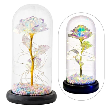 Beauty and The Beast Artificial Flowers Eternal Galaxy Rose In Glass Dome With LED Wedding Valentine Christmas Gift