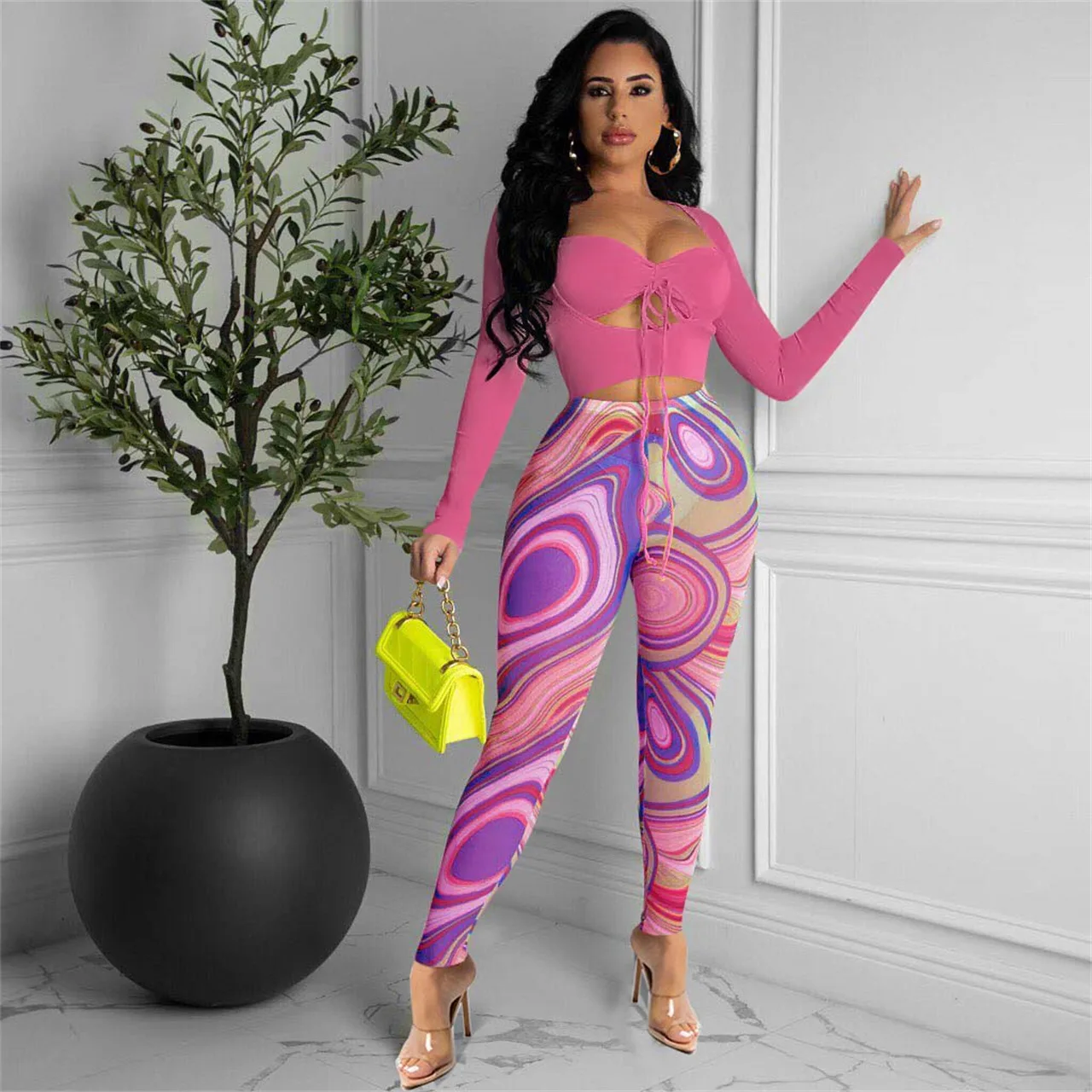 Shop Our Sexy Clubwear 2-Piece Set Cropped Top Mesh Pants