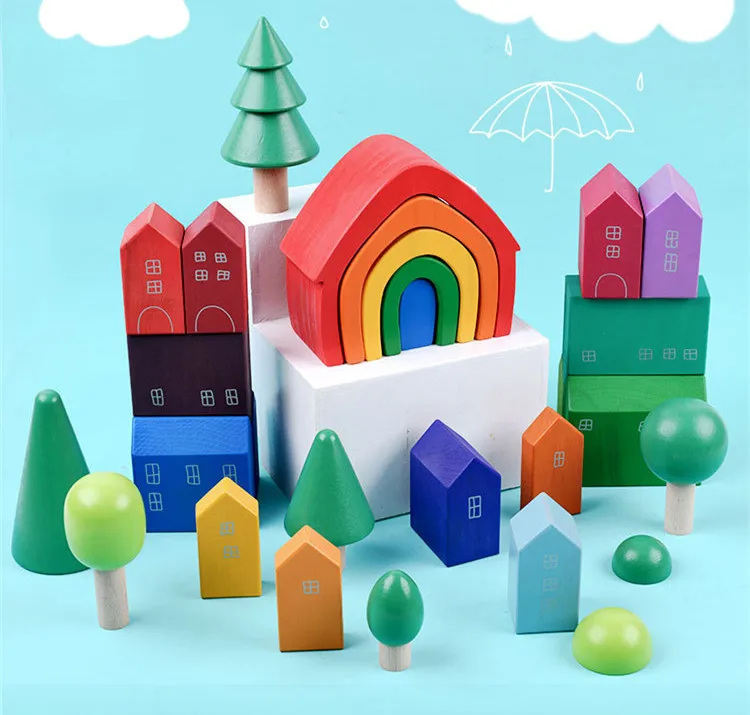 Rainbow Stacking Building Block Set 5pcs Solid Wood Montessori House & Tree Toys for Kids Blue Early Education Toys