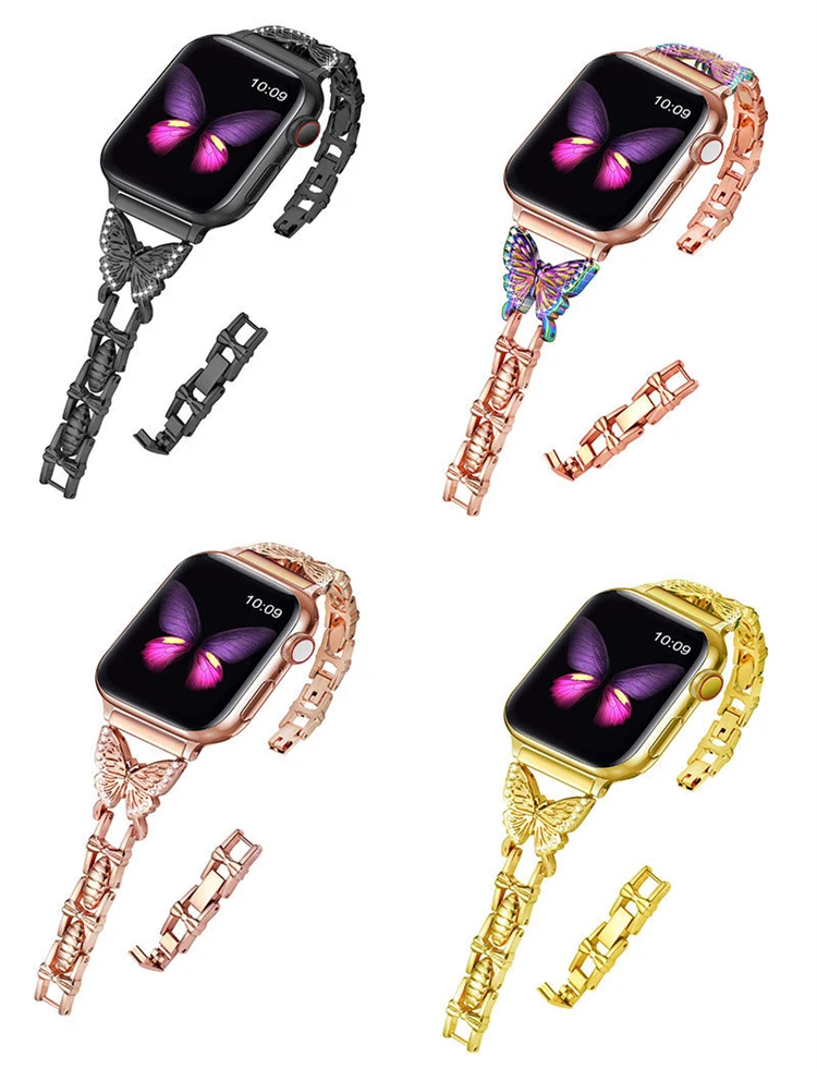 Metal Bling Band for Apple Watch 44 40 38 42mm 41 45 Women Stainless Steel Bracelet Diamond Butterfly for iWatch Series 8 7 6 5 factory