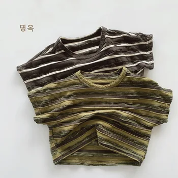 Boys' stripes T-shirt 2024 Summer girls' Japanese Korean style cool top Children Baby clothes