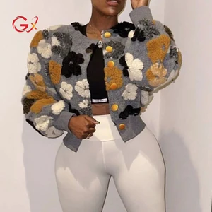 GX6061 Vintage 3D Flower Fuzzy Button Single Breasted Winter Elegant Coat for Women Short Teddy Jackets