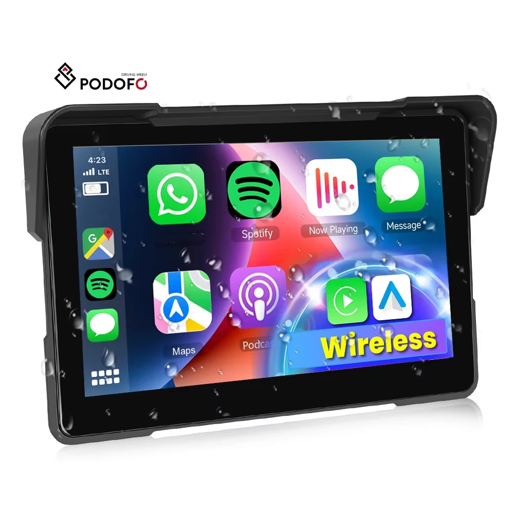 Podofo 7 Inch Motorcycle Portable Carplay Screen Wireless Carplay /Android Auto Monitor IP67 Waterproof Airplay Android Cast BT A3954