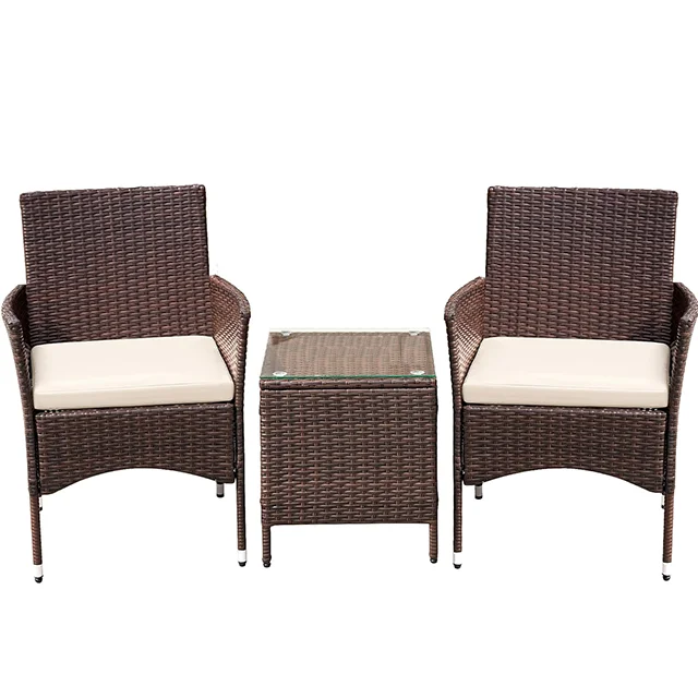 HOMECOME Modern Outdoor Furniture 3-Piece Wicker Conversation Set Includes Rattan Chair and Table for Terrace or Backyard