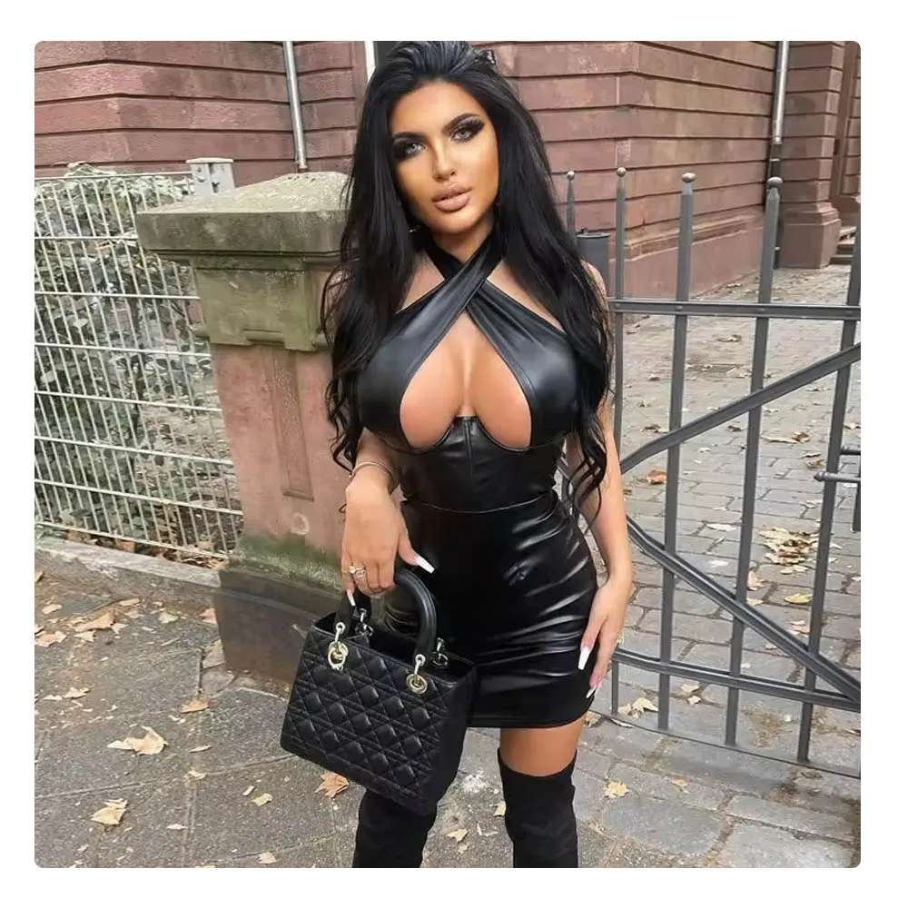 knee length dresses for ladies Black Latex Mini Dress PU Leather Long Sleeve Bodycon Dresses Sexy Wet –  YOMORIO main image 1