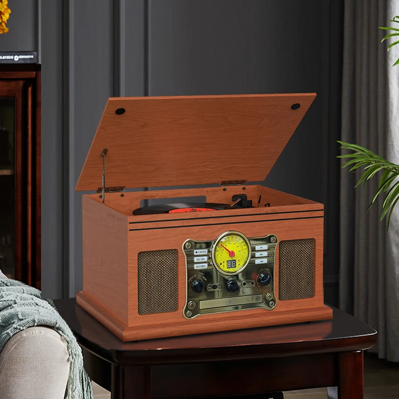 Tocadiscos Vintage Con Bluetooth, Radio AM/FM, CD, Casete Y USB - Equipo De Música Todo En Uno Con Mando Y Vinilo De 3 Velocidades
