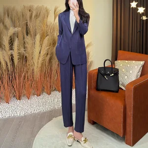 2025 Women's Fashion Set Solid Color Coat Tops and Pants Autumn Miyake Pleated Set Free Size Office Suits Factory Wholesale