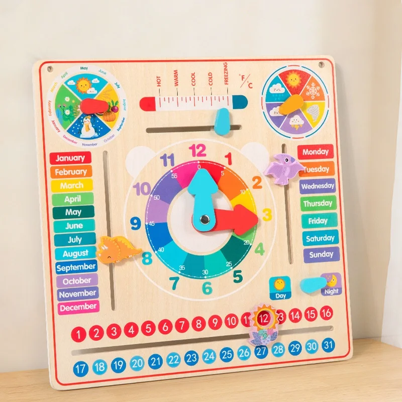 Montessori Wooden Daily Calendar Clock Toy Kids Educational Toys Gifts 7-in-1 Preschool Learning Board for Weather Season Time