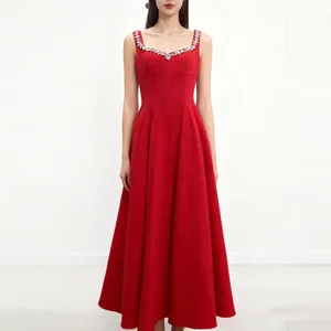 Factory Wholesale New Summer Elegant European Midi Dress Women High-end Princess V-Neck Beading Spaghetti Strap Slim Party