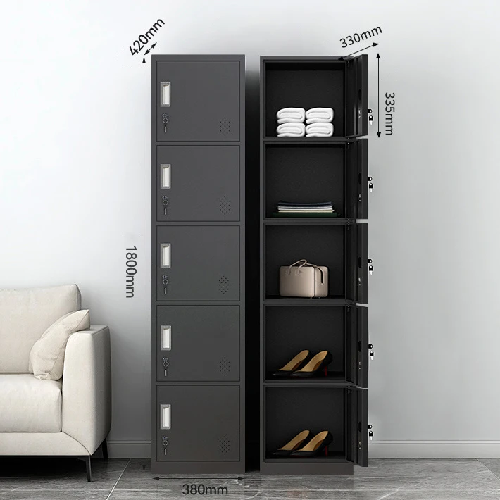Black Steel Five Door Locker for School, Office, and Gym Storage