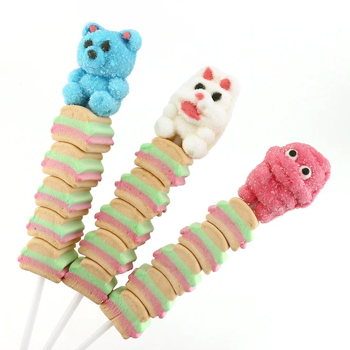 Halal Cartoon Animals and Hamburger Shaped String Candy Marshmallow Lollipop