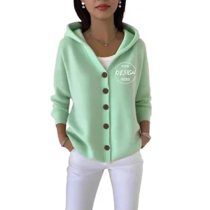 2025 Wholesale Women Solid Color Casual Button-Up Knit Hooded Sweater Women's Solid Color Cardigan Jacket Sweaters