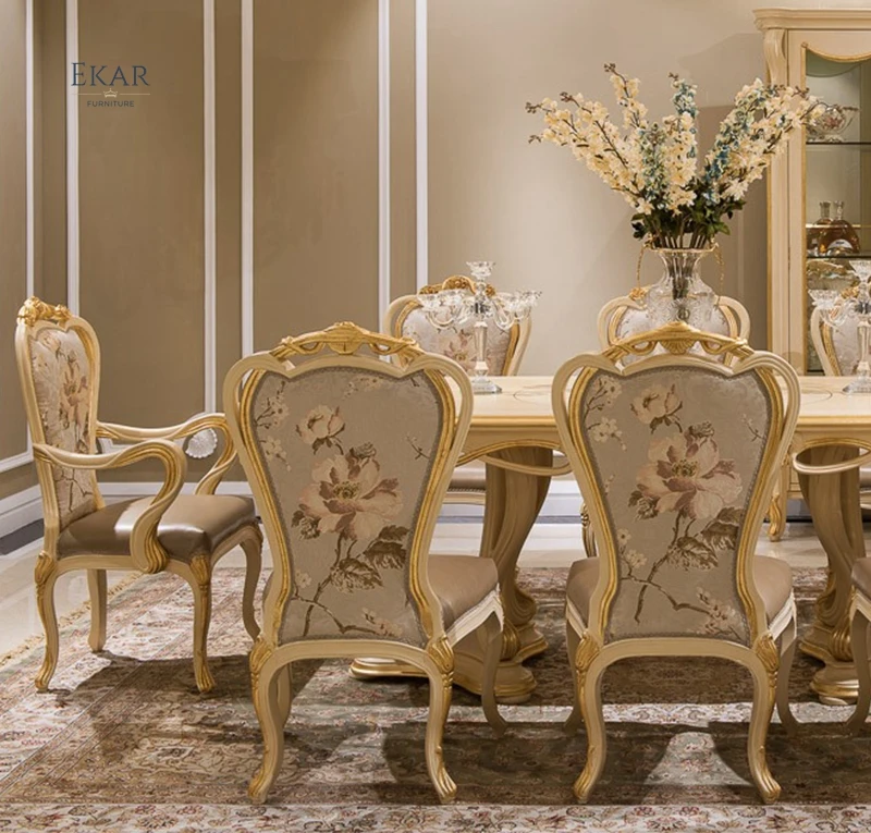 Antique Dining Chair Carved with Armrest or Without Armrest Dining Chair Fabric Antique Upholstered Wooden Leather Dinning Room