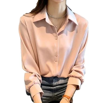 High Quality Korean Women's Plus Size Blouses Spring Long Sleeve Beautiful Office Base Fashion Solid Color Formal Casual Chiffon