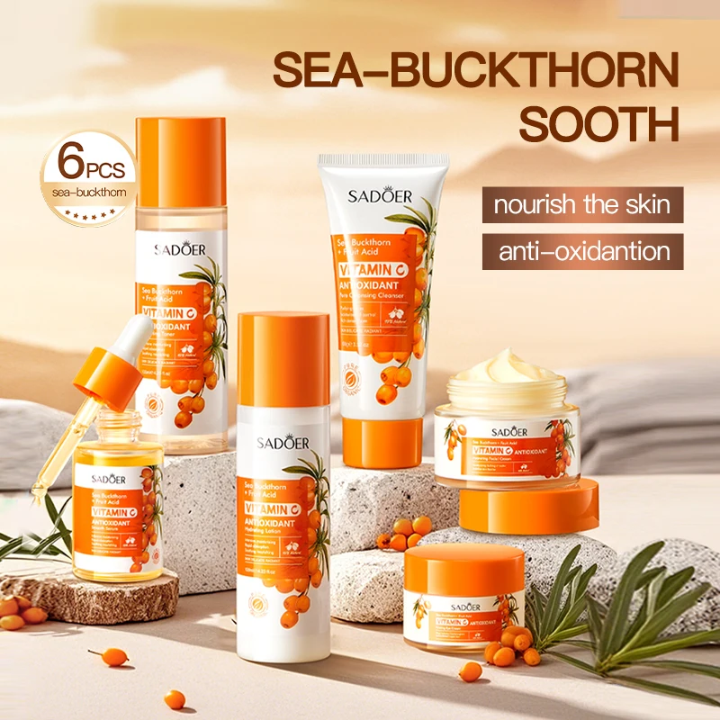 Private Label SADOER Organic Sea Buckthorn Vitamin C Antioxidant Soothing Six-piece Skincare Gift Set Moisturizing Whitening