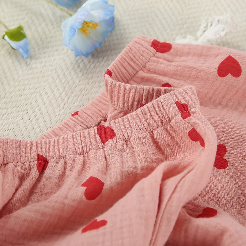 Women's Cotton Pajama Set Heart Print Breathable Long Sleeve Shirt Full Length Pants Turn-Down Collar Spring Sleepwear — detail