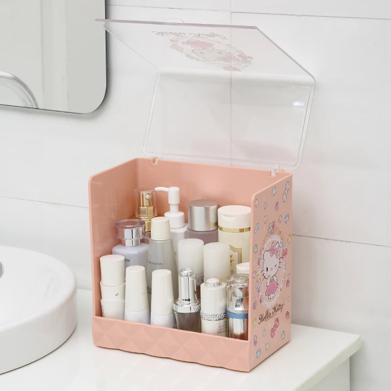 Hello Kitty Hinge Design Cosmetic case Storage Bin for Women Girl Medium Plastic Makeup Organizer Box with Detachable Cover