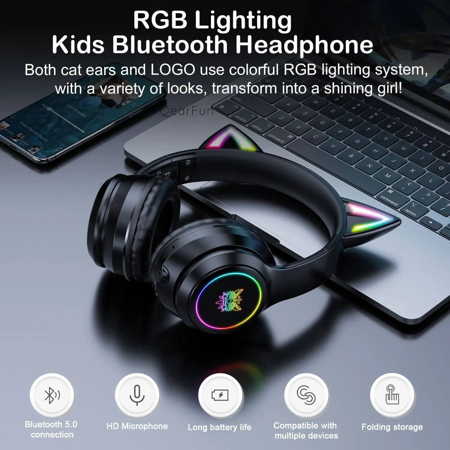 ONIKUMA B90 Bluetooth 5.0 RGB ネコ耳ワイヤレスヘッドフォン