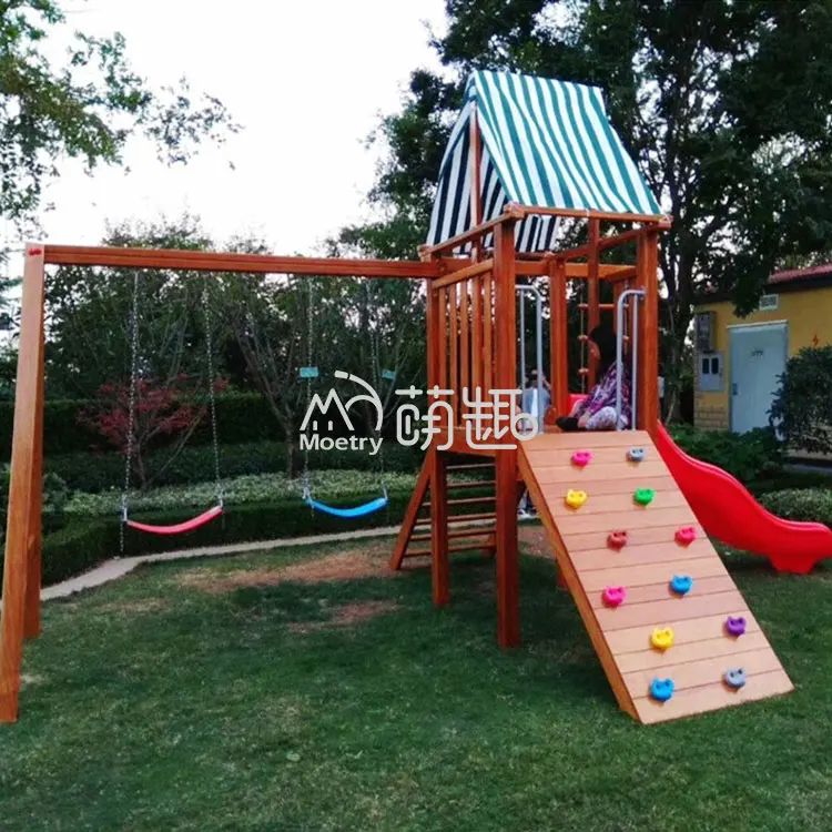 Moetry Outdoor Backyard Playground Wooden Playsets With Slide And Swing