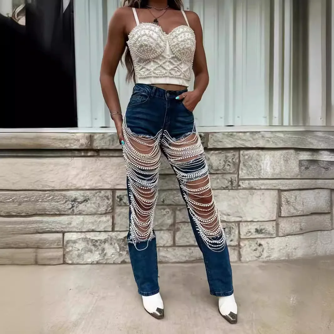 Europe US Denim Summer Women's Chain Beaded Pendant Straight-leg Jeans Streetwear Quick