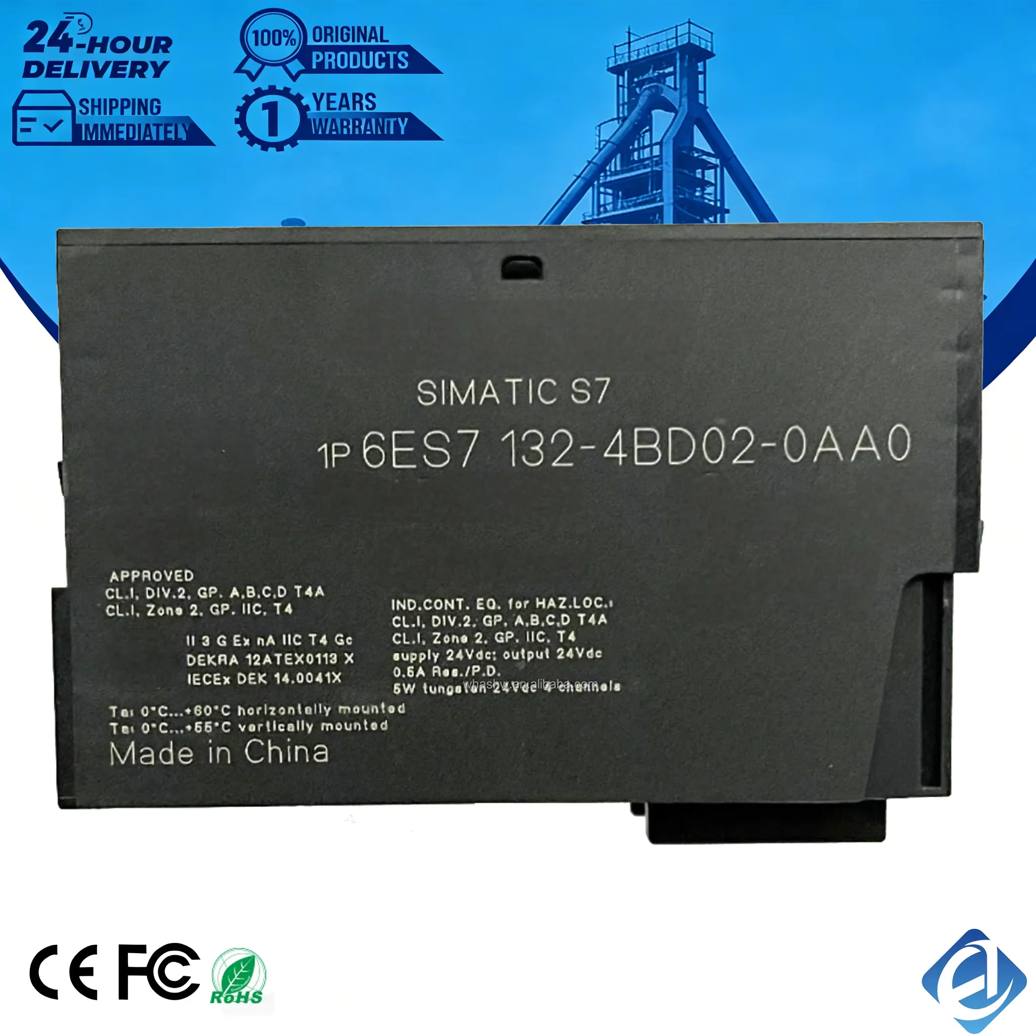 New Original 6ES7 132-4BD02-0AA0 6ES7132-4BD02-0AA0 digital output module for Siemens SIMATIC ET200S series, equipped with 4 channels of 24V DC output, short-circuit and overload protection, fast switching response. 
