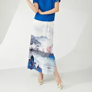 Women's High Quality Pleated A-Line Skirt Vintage Style With Natural Waistline Elastic Slit Printed Long Skirt Floral Pattern