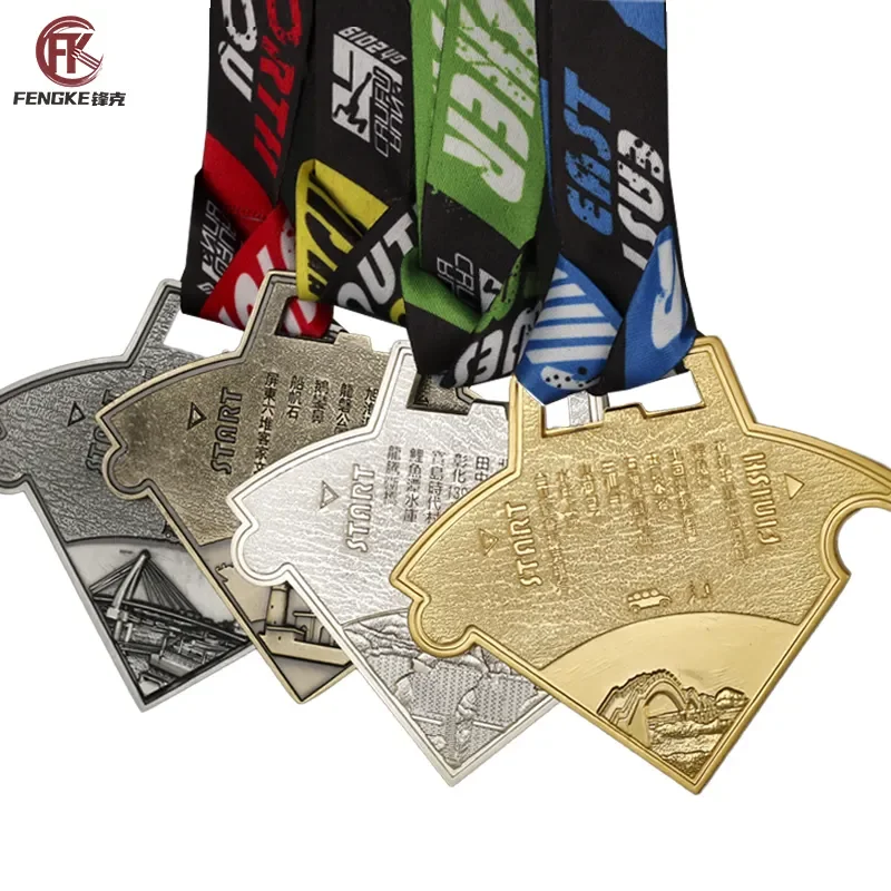 Customized Logo Square Solid Figure Gold Metal Alloy Medals With Colorful Ribbon