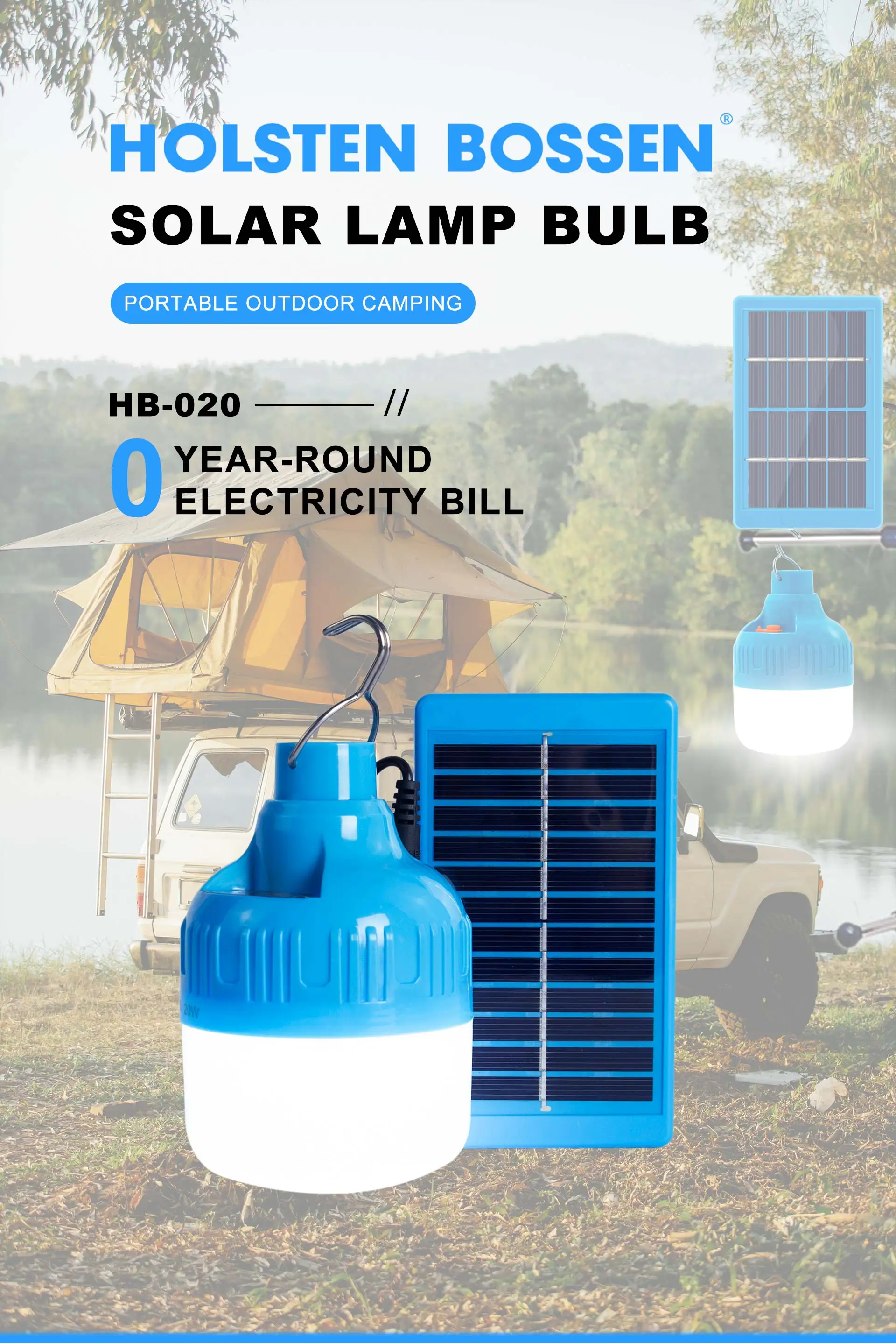 Hb020 20w Solar Camping Light Usb Charging Recharge Bulb Solar Tent