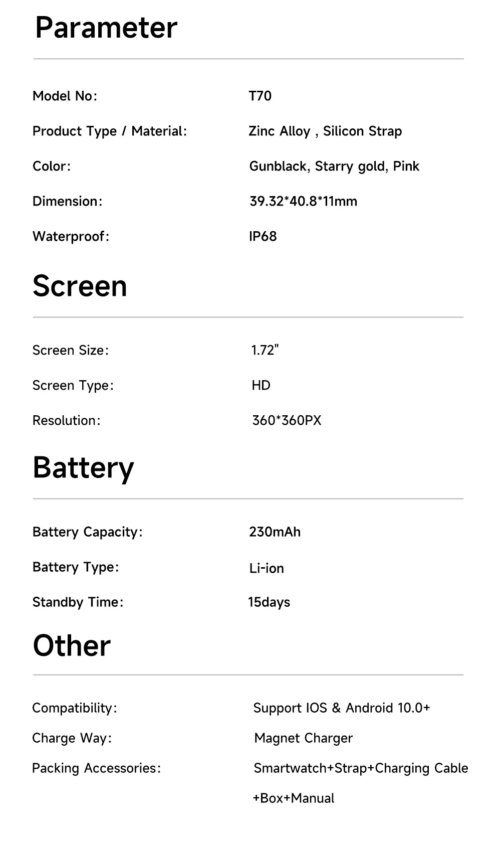 T70 Women Smart Watch 1.72inch Touch Screen IP68 Waterproof Female Health BT Call Sport Fitness Tracker Smart Watch 2026