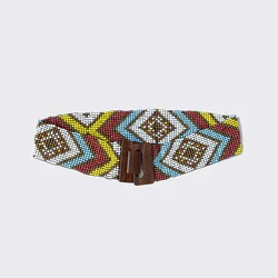 Vintage Colorful Beaded Belt with Wooden Buckle Vintage Hand Beaded Belt, Native American Style Beaded Belt  main image 2