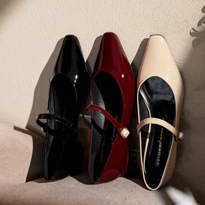 7318-29 Bejani Sheepskin French Temperament Simple One-word Belt Mary Jane Flats Women's Square Toe Flat Low Heel Fashion Trend