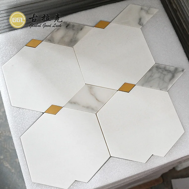 Marble Calacatta Gold Mixed Thassos White  And Brass Waterjet Polished Mosaic Tile for Bathroom Wholesale