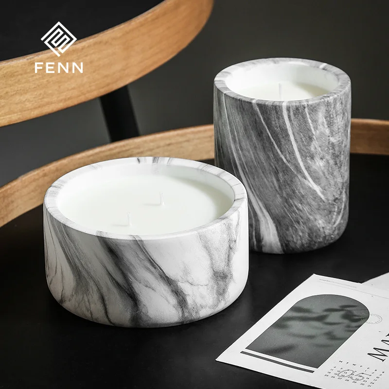 FENN Simple Wood Grain Aromatherapy Empty Ceramic Marble Candle Jar Fragrance Round Colorful Marble Candle Vessel Jar Wedding