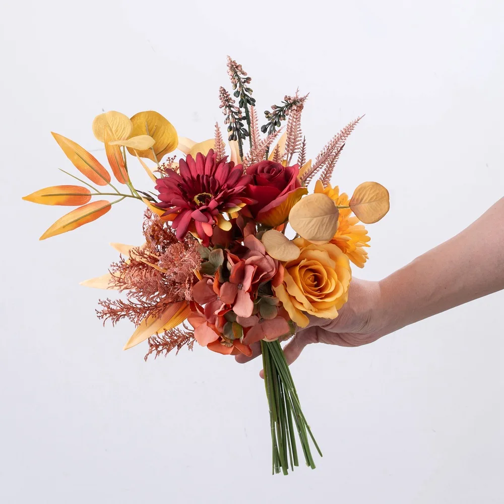 O-X910 Wholesale Mixed Fake Flower Handle Bundle Silk Artificial Autumn  Flowers Decoration Fall Wedding Flowers Bouquet, image size:1000x1000
