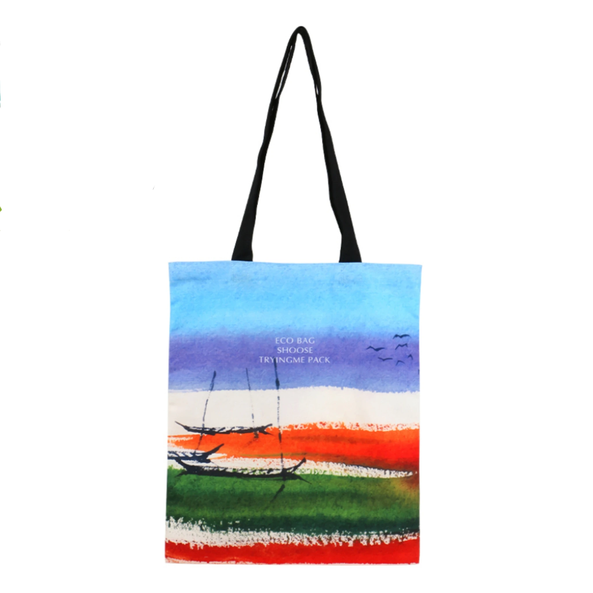 Custom Full Color Cotton Canvas Tote Bag with Long Handle Natural Reusable Shopping Bag