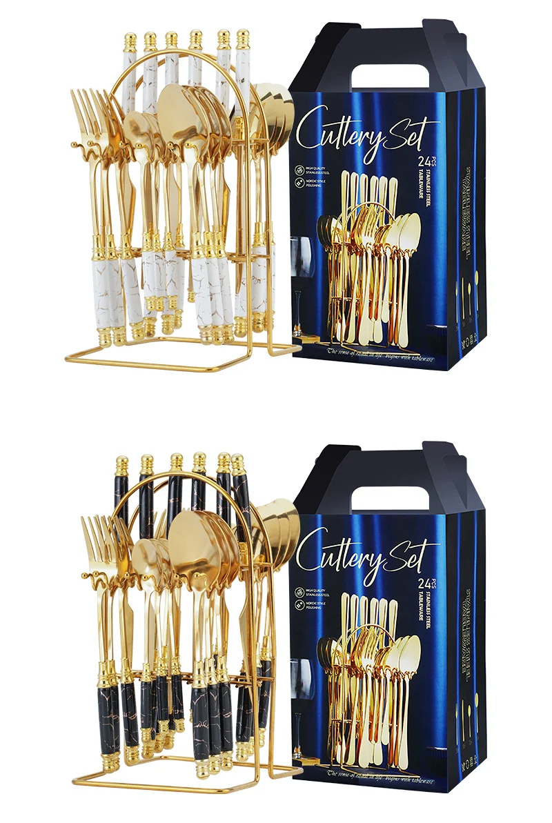 Light Luxury Stainless Steel Cutlery Ceramic Handle 24 Pcs Set Gift Box Gold Silverware Cutlery Set